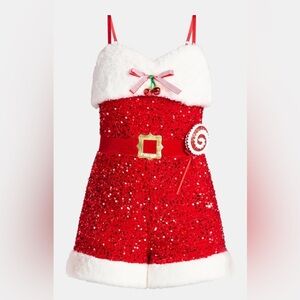 No Boundaries Christmas Santa Romper with Faux Fur Trim, Women’s